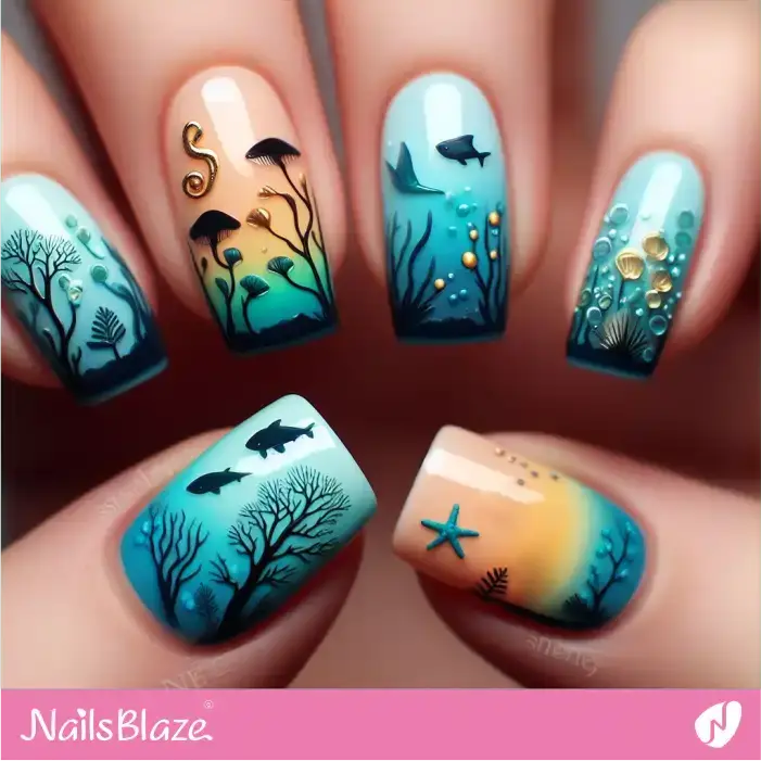 Silhouette Marine Life on Ombre Nails | Save the Ocean Nails - NB2767
